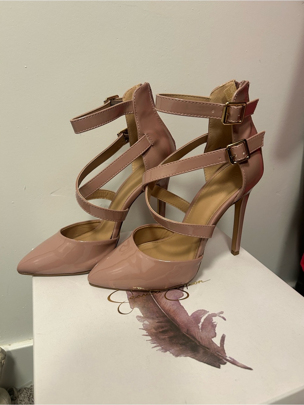 Charlotte Russe Blush Patent Strappy Pointed-Toe Stiletto Heels